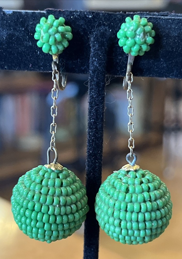 Vintage Green Glass Seed Bead Dangle Drop Clip On Earrings Go Go Style 2”
