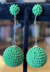 Vintage Green Glass Seed Bead Dangle Drop Clip On Earrings Go Go Style 2”