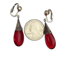 Sterling Red Glass Tear Drop Capped Dangle Clip On Earrings J505