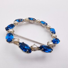 Vintage B. David Wreath Brooch Silver Tone Faux Pearl Blue Rhinestone Signed MCM