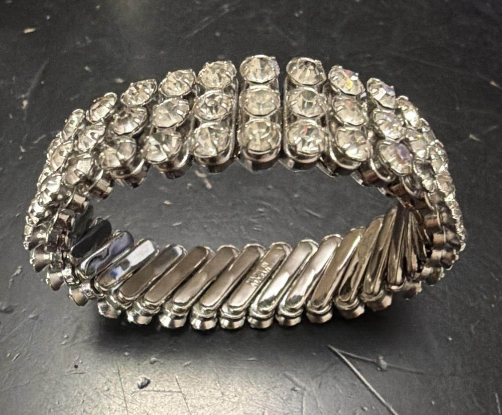 Vintage Japan Rhinestone Stretch Bracelet 3 Row 1950’s Gorgeous Fits Most All