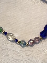 Gorgeous Long Blue Green Clear Crystal Necklace Gold Bead Accents 34” #195