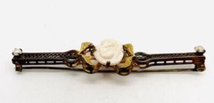 Long Art Deco Carved Shell Cameo Brooch Filigree Gold Filled Antique Jewelry