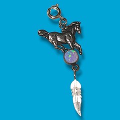 925 Sterling Silver Blue Fire Opal Horse Feather Clip-On Charm Pendant