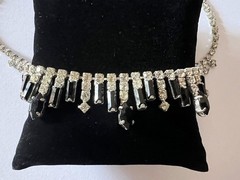 1950s Vintage Crystal & Jet Black Rhinestones Necklace & Dangling Clip Earrings