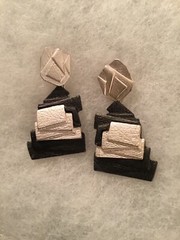 Contemporary/Abstract/Modern Matte Silver Tone-Black Dangle Pierced Earrings-2″