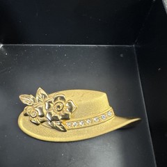 Vintage Signed Tona Hat Brooch Satin Gold Tone Bow Clear Rhinestone Hatband
