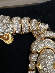 Vintage Articulated Bracelet & Broach Green Eyed Tiger 8″ w/ Rhinestones #JC9