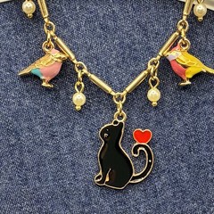 Poor Kitty Cat: Surrounded by Bird Charms On Vintage Chain Bracelet OOAK
