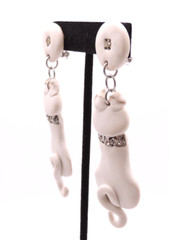 White Cat Kitty Earrings READ Vintage 80s Clay Ceramic Rhinestone Dangle Clip-On