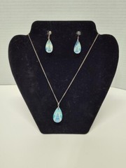 Japan Blue Intaglio Pagoda Opaline Glass Sterling Silver Pendant+Screw Earrings