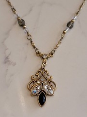 1928 Jewelry Vintage Style Filigree Pendant Necklace Black & Crystal Rhinestones