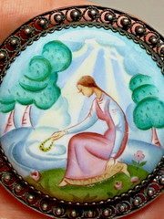 Vintage Russian Rostov Finift Hand Painted Maiden by The River 2″ Enamel Brooch