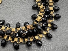 Vintage Old Book Chain Black Faceted Bead Charm Bib Festoon Layered Necklace 17”