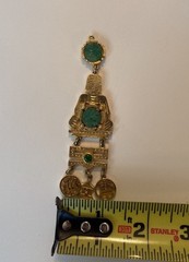 Vintage Chinese-Inspired Faux Jade Gilt Metal Pendant w/Dangles- Costume Jewelry