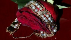 14k yellow gold bracelet 5-5.5mm cultured pearl 0.5ct diamond 7.5″ antique 43.0g