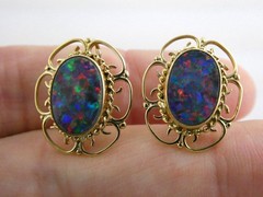 Antique ARA Art Deco 9k Yellow Gold Opal Doublet Screwback Earrings 4.3g .75 In