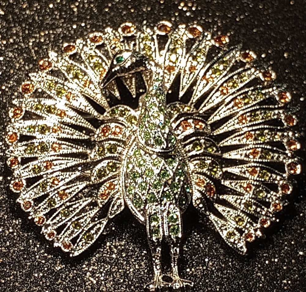 Vtg JBK Peacock Bird Brooch Camrose Kross MultiCrystal Animal Figural Pin Jackie