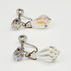 Vintage AB Crystal Faceted Teardrop Prism Drop Dangle Fancy Screw Back Earrings