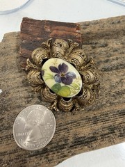 Vintage Victorian Revival Floral Porcelain Purple Violets Cameo Style Brooch