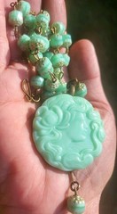 VINTAGE ART NOUVEAU LADY CAMEO URANIUM PENDANT GLASS BEAD NECKLACE SET OOAK GLOW