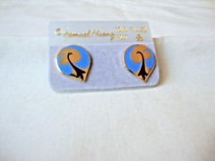 VINTAGE SAMUEL HUANG DESIGNER CLOISONNE PHOENIX COBALT & BLUE ENAMEL EARRINGS