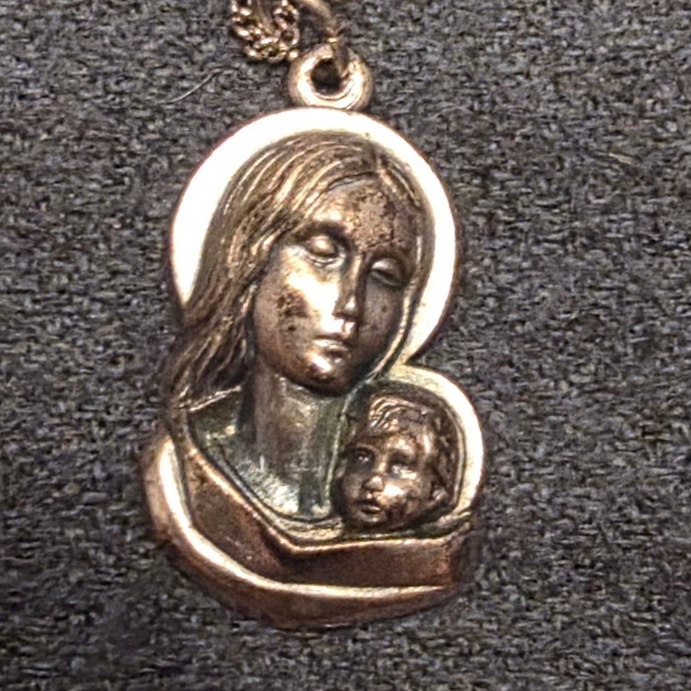 Vintage Madonna and Child Pendant Necklace Religious Virgin Mary Medallion Gold