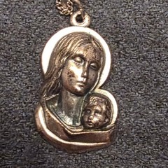 Vintage Madonna and Child Pendant Necklace Religious Virgin Mary Medallion Gold