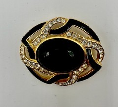 Vintage Trifari Gold Toned Black Enamel Oval Cabochon 2” Brooch Pin 80s-90s