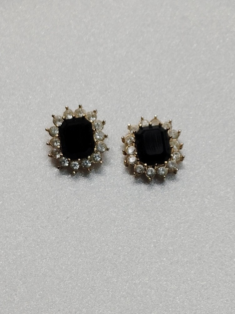 Vintage Signed Roman Black Onyx Clear Crystal Gold Tone Pierced Post Earrings