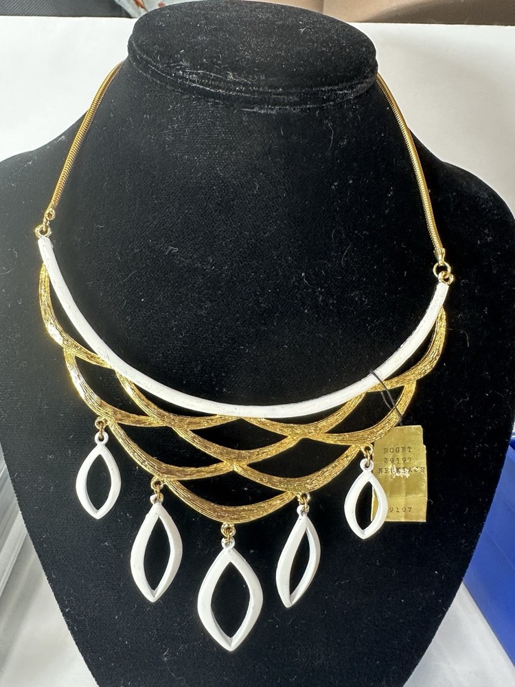 Vintage Necklace Deadstock Waterfall Bib White Enamel Pendant Roget
