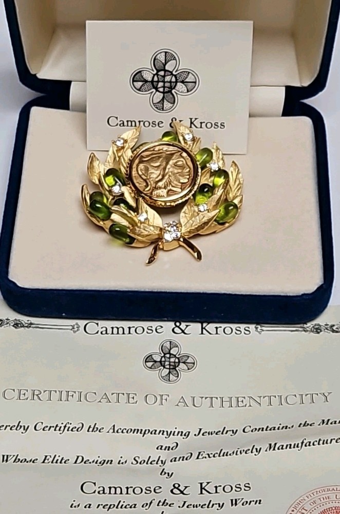Vtg JBK CAMROSE & KROSS Jaqueline Kennedy Signed JBK USA Greek Coin Brooch