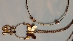 Vtg Butterfly Charm Lock & Key Necklace 24″ & Crystal Wires Bracelet Set