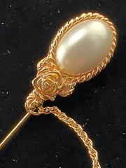 Vintage Gold Tone White Faux Pearl Double Sided Chain Drape Stick Hat Pin 2.5″