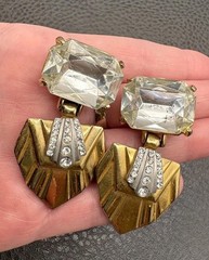 Vintage Runway Art Deco Style Crystal Drop Clip On Earrings Gold Tone Chunky
