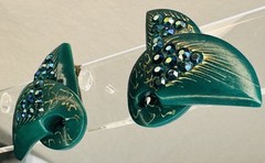 Vintage Carved Mermaid/Fishtails Earrings. Art Deco Rhinestone Accent. Clip On