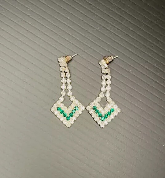 Vintage white and green rhinestone earrings, dangle, art deco costume