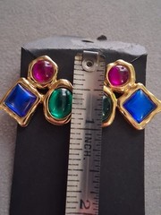 1980s bold runway earrings, glass cabochon trio, geometric, asymmetrical