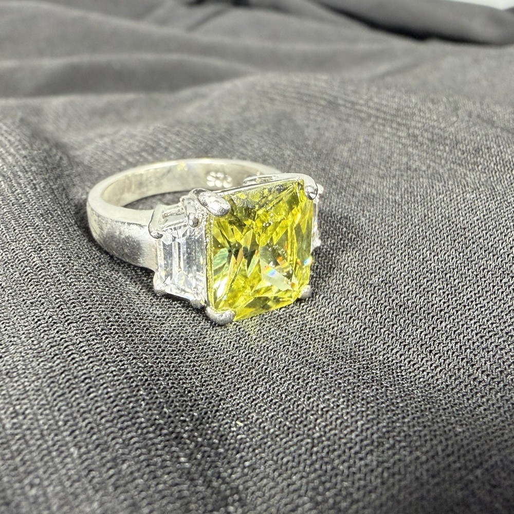 Vtg Y2K 925 Silver Emerald Cut Ring Sz 6.25 CZ Trilogy Yellow Stone Glam