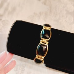 Vintage Gold Over Sterling Silver 925 Bracelet Black Stone Beautiful Signed HK