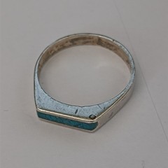Vintage Silver Turquoise Inlay Ring Modernist Thin Band Signet Mexico Mosaic 925