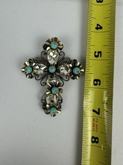 Floral Cross Brooch Gold Tone Turquoise Beads Clear Crystal Rhinestones