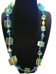 Vintage Vendome Mod Lucite Cube Swarovski Crystal Necklace Blue Green 1960s Coro