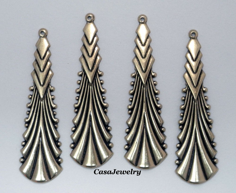 #3439 LARGE ANTIQUED GOLD ART DECO DROP W/TOP HANG RING – 4 Pc Lot