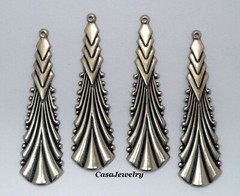 #3439 LARGE ANTIQUED GOLD ART DECO DROP W/TOP HANG RING – 4 Pc Lot