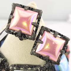 Vintage Pastel Pink Blue AB Gripoix Glass Cabochon Clip Earrings & Bracelet Set