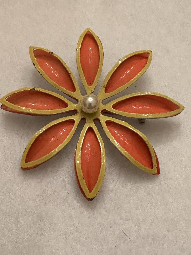 Vintage Mod Flower Brooch Pin Orange Yellow Faux Pearl Center 2.5in