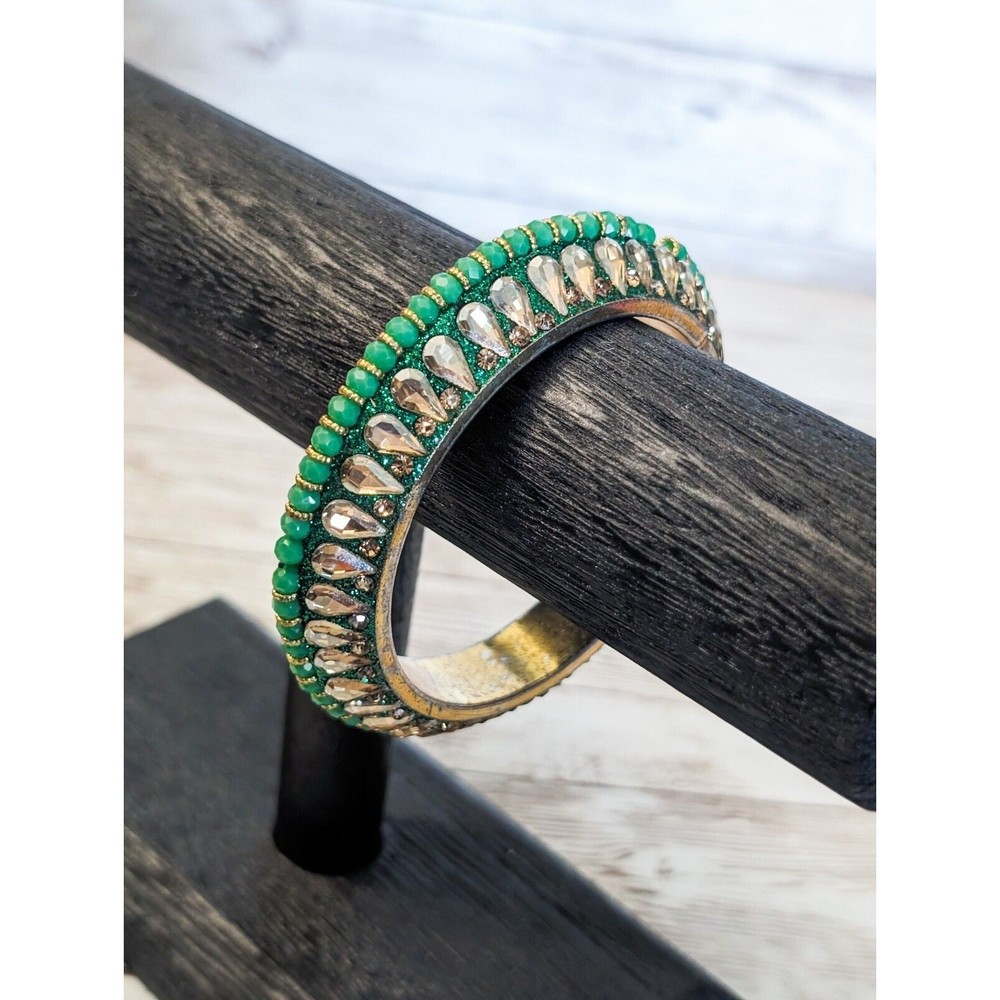 Vintage Bracelet / Bangle – Green & Gold Tone with Fancy Detail