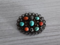 Antique Chinese Brass Turquoise & Coral Oval Brooch