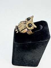 Vintage Style Owl Cocktail Ring Amber Rhinestones Bronze Tone Statement Adjust